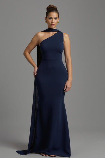 One Shoulder Mermaid Navy Formal Dress